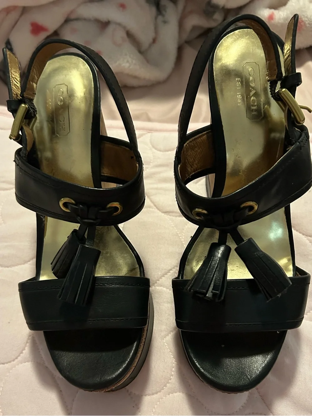 Coach Black Leather Tassel Platform Sandals with Gold Accents